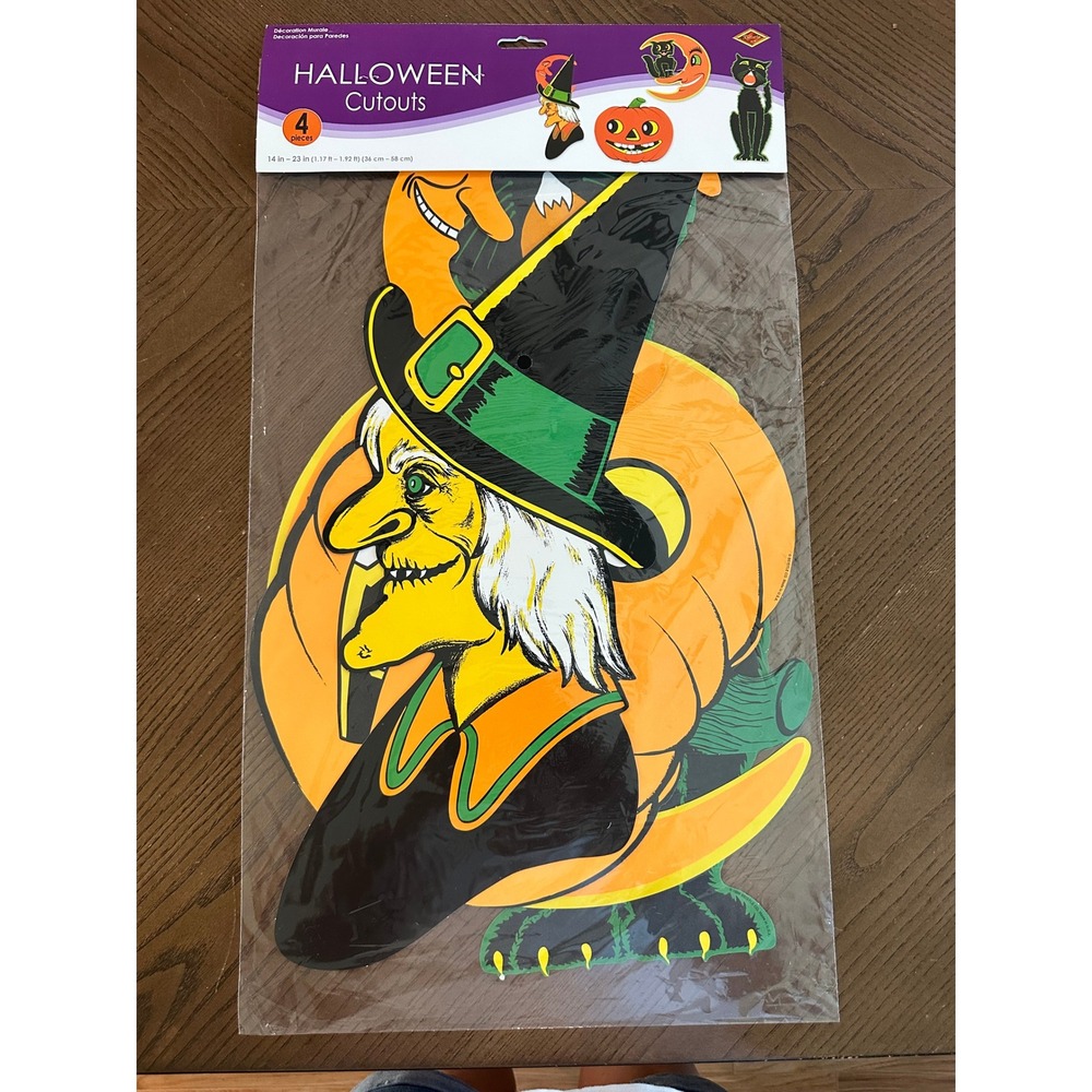 Beistle Vintage Style Halloween Cutouts 4 Piece Set Witch Pumpkin Black Cat Moon